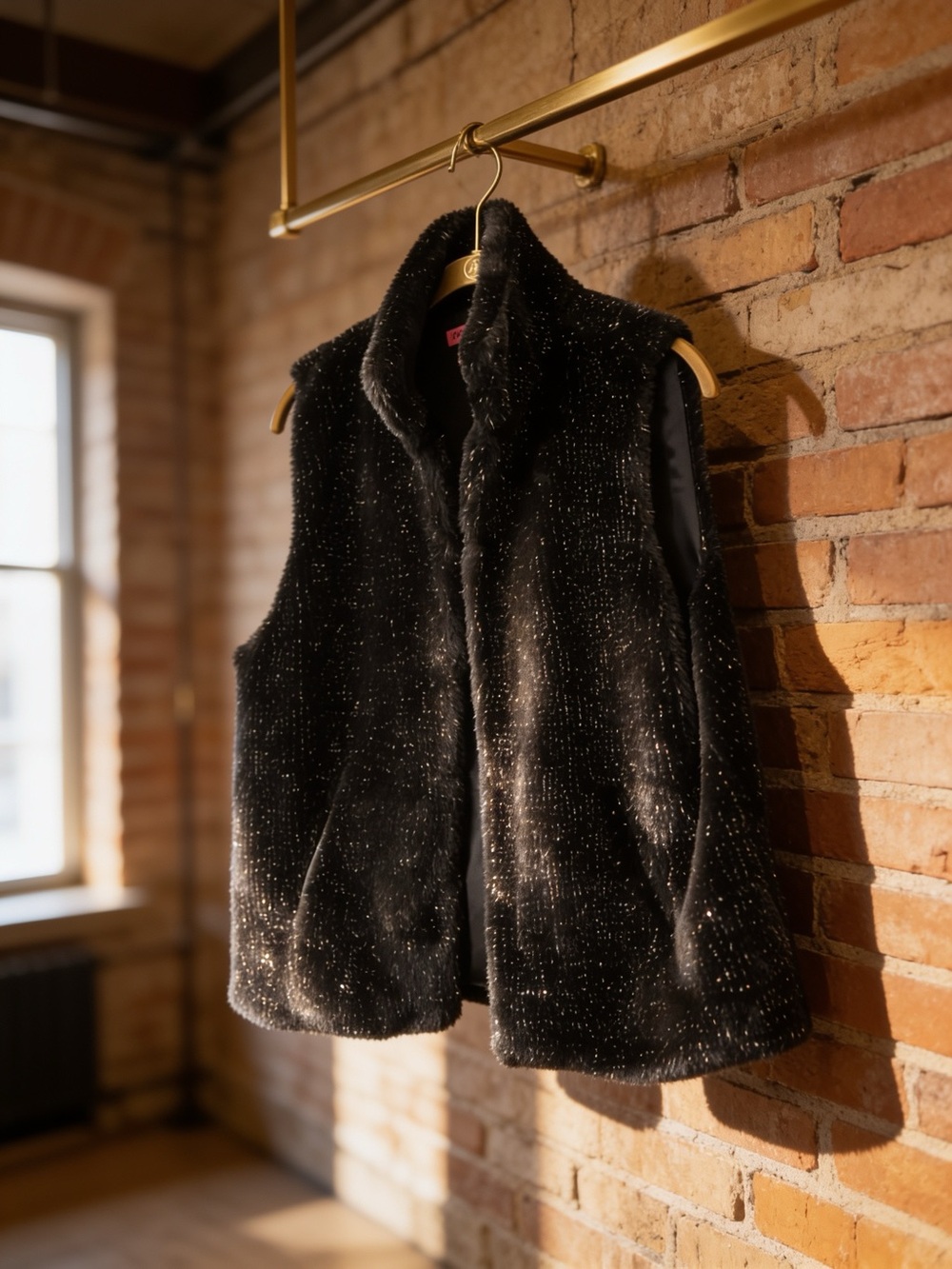 Betsey Johnson Black Sparkle Faux Fur Vest